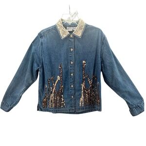 VTG Carolina Blues Denim Shirt Women M Blue Giraffe Beaded Animal Print Collar